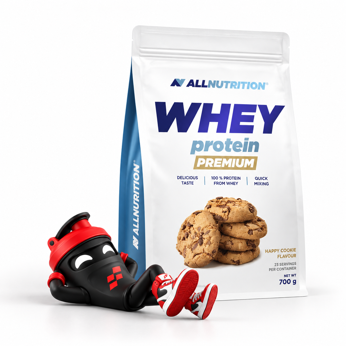 Allnutrition Whey Protein Premium 700g, Beutel Happy Cookie mit Shaker-Maskottchen.