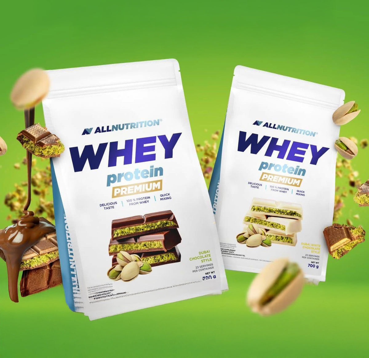 Allnutrition Whey Protein Premium 700g, Zwei Beutel mit Pistazien- und Schokoladenmotiven auf grünem Hintergrund.