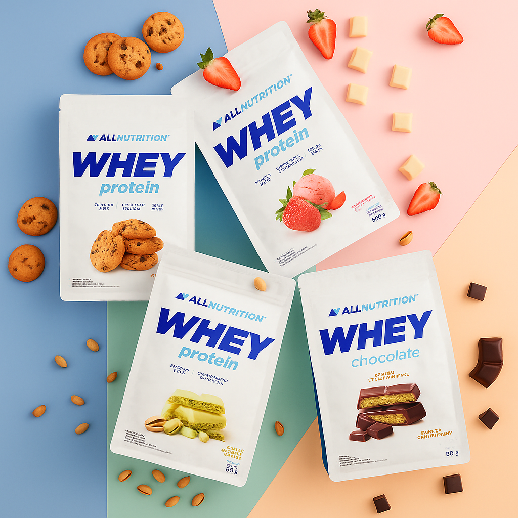 Allnutrition Whey Protein Premium 700g, Vier kleine Beutel mit Keks-, Erdbeer-, Pistazien- und Schokoladenmotiven.