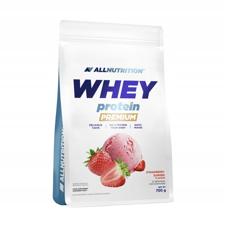 Allnutrition Whey Protein Premium 700g, Beutel Strawberry Summer, Vorderansicht.