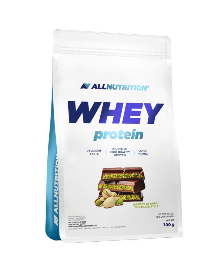 Allnutrition Whey Protein Premium 700g, Beutel Inspired by Dubai Chocolate Style, Vorderansicht.
