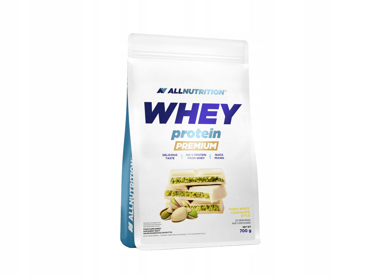 Allnutrition Whey Protein Premium 700g, Beutel Dubai White Chocolate Style, Vorderansicht.