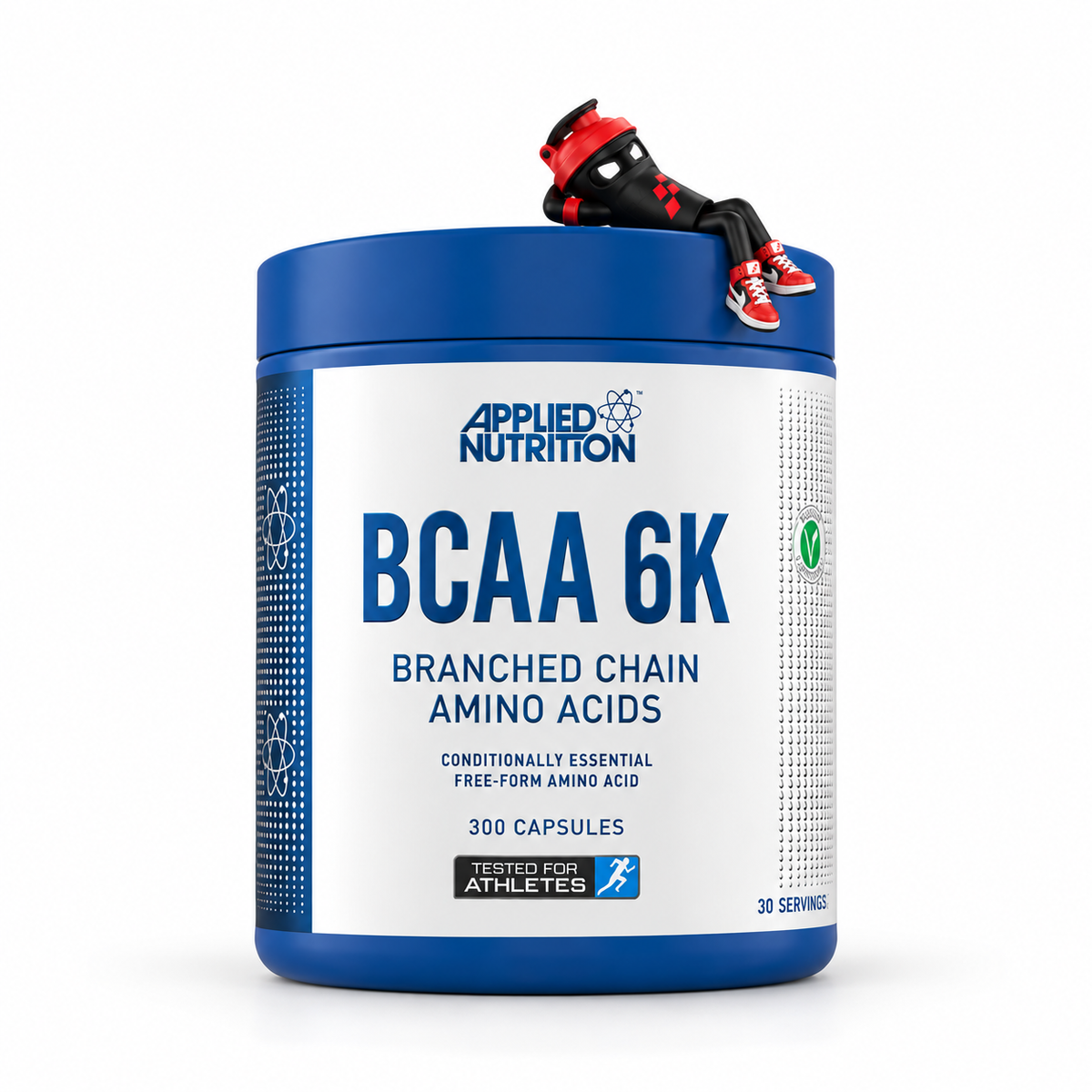Applied Nutrition BCAA 6k 300caps, Blau-weiße Kapseldose mit Shaker-Maskottchen auf dem Deckel.