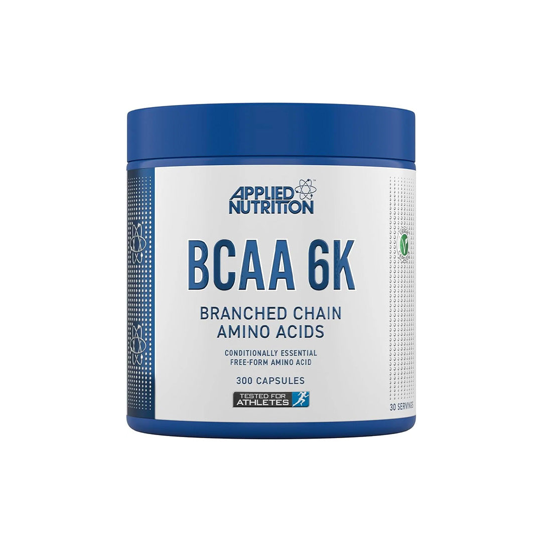 Applied Nutrition BCAA 6k 300caps, Blau-weiße Kapseldose, Vorderansicht.