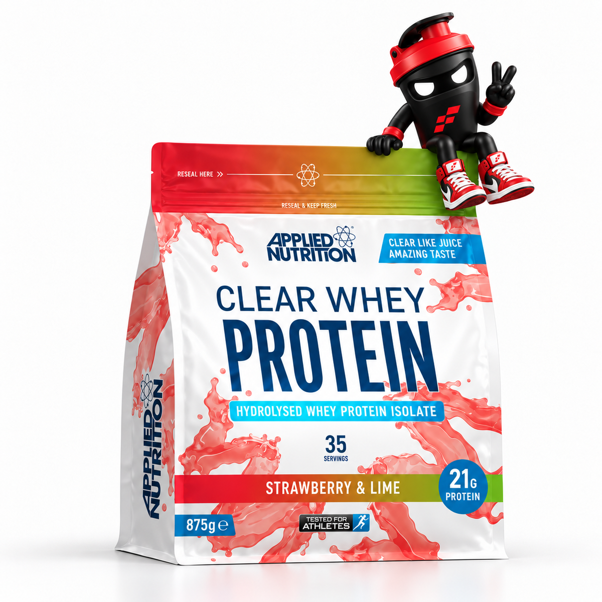 Applied Nutrition Clear Whey Protein 875g, Beutel Strawberry & Lime mit Shaker-Maskottchen.