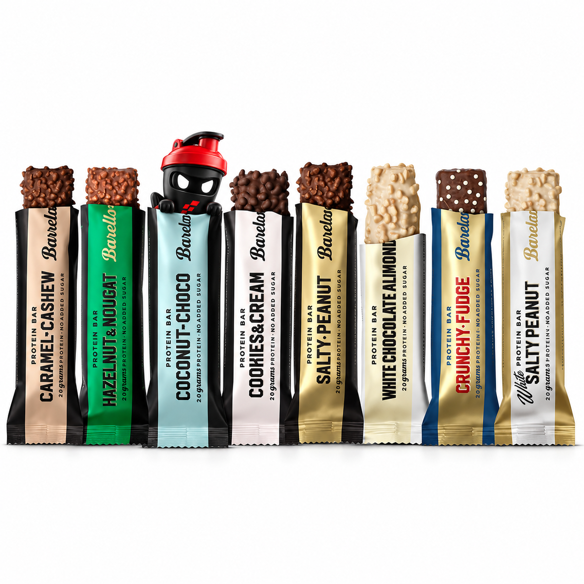 Barebells Protein Bar 55g, Acht teilweise ausgepackte Riegel in verschiedenen Geschmacksrichtungen mit Shaker-Maskottchen.