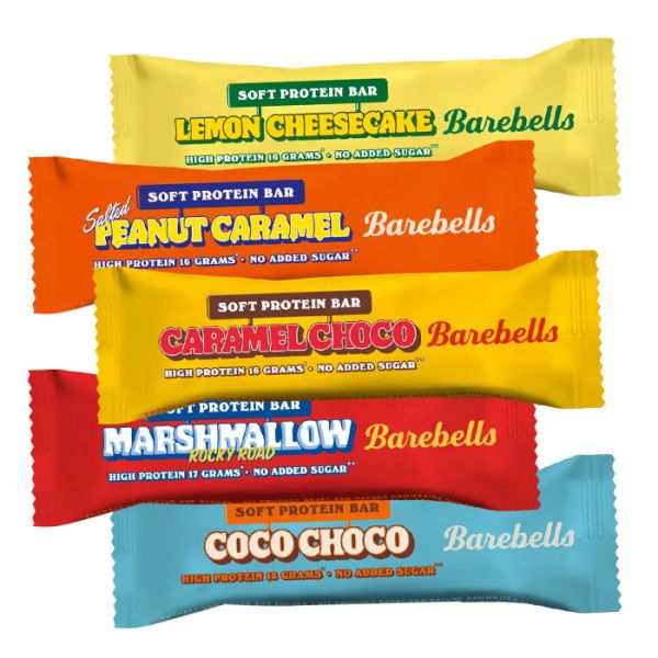 Barebells Soft Protein Bar 55g, Fünf verpackte Riegel Lemon Cheesecake, Salted Peanut Caramel, Caramel Choco, Marshmallow Rocky Road und Coco Choco.
