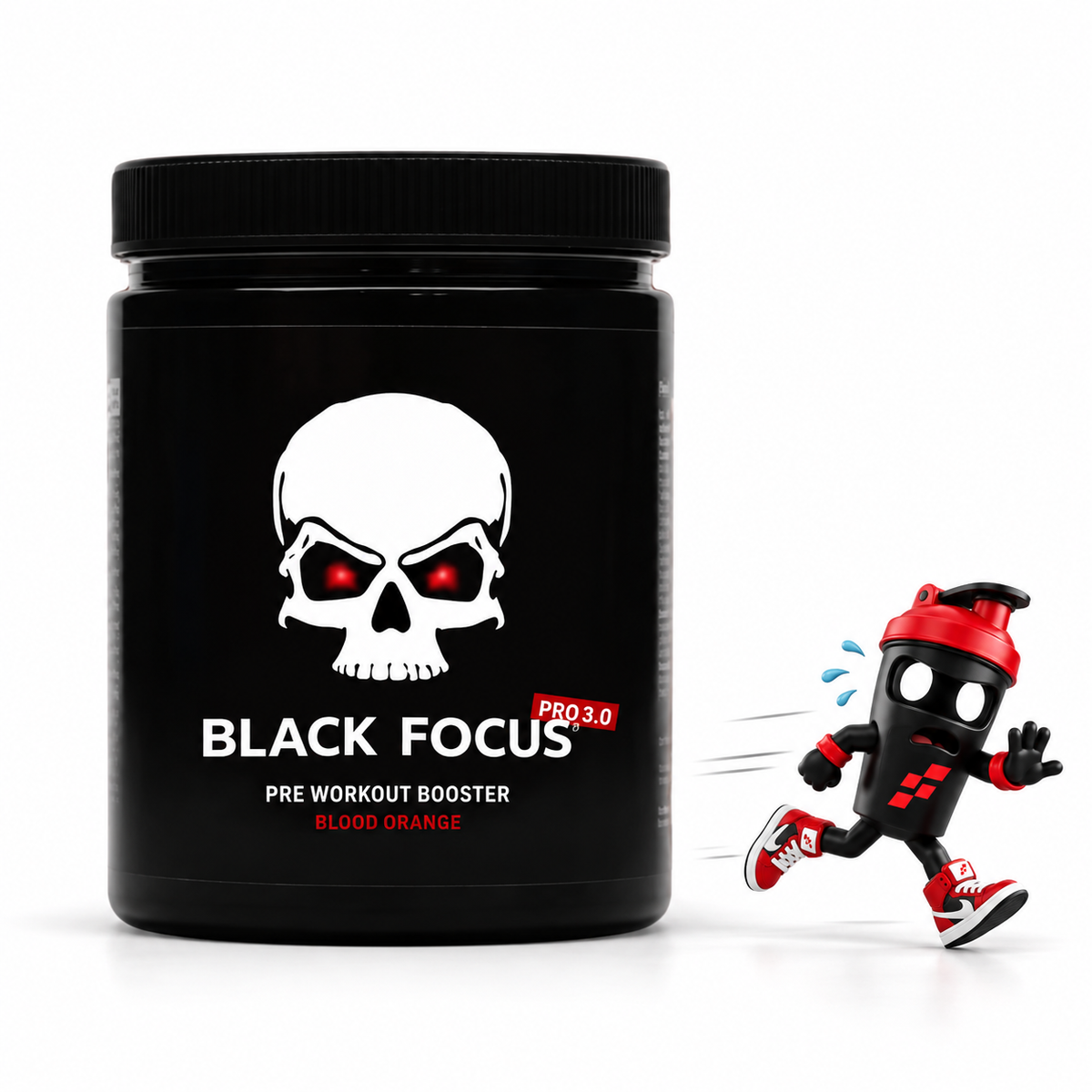 Black Focus Pro 3.0 400g, Schwarze Blood-Orange-Dose mit Totenkopf und laufendem Shaker-Maskottchen.