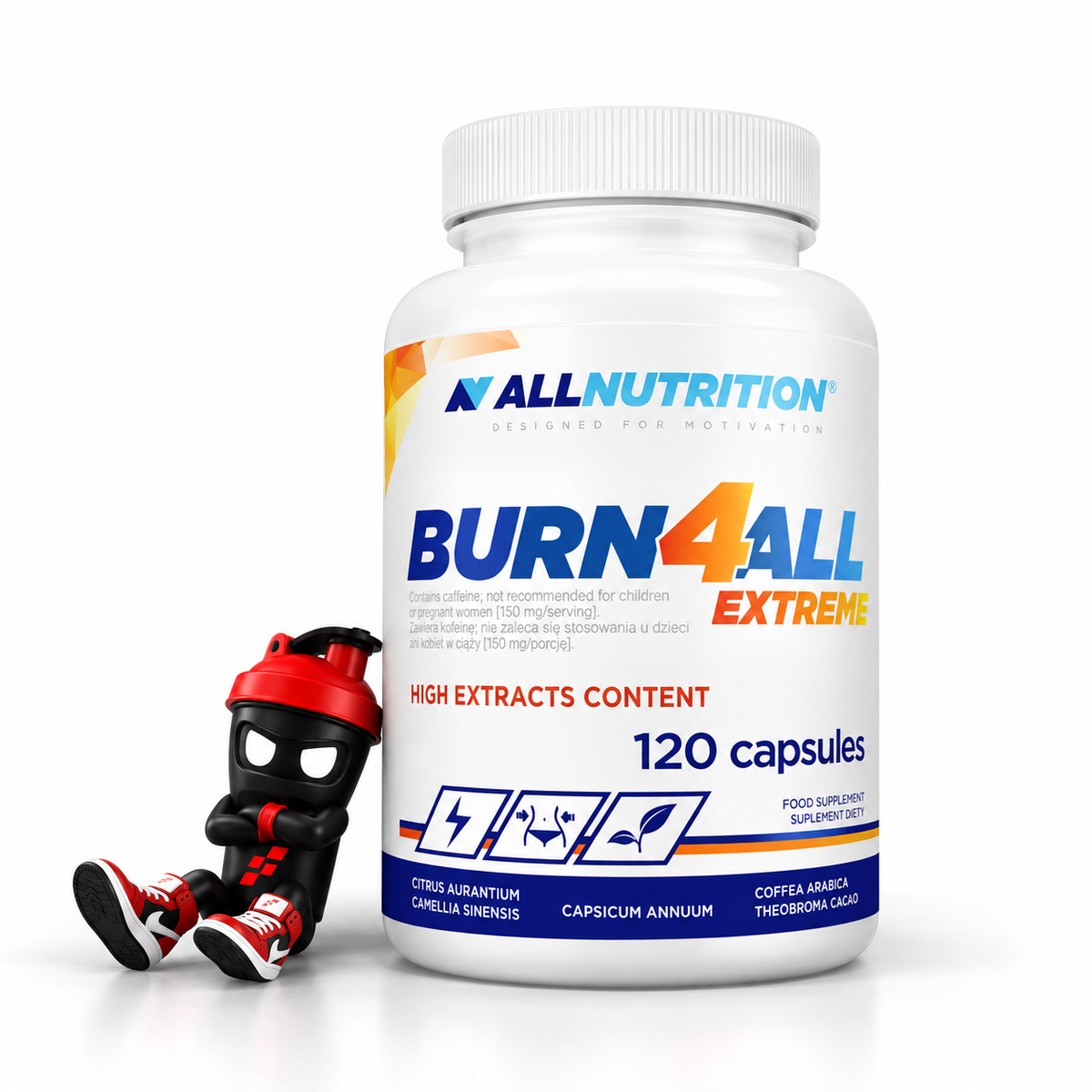 Allnutrition Burn4All Extreme, Weiße Dose mit Shaker-Maskottchen.
