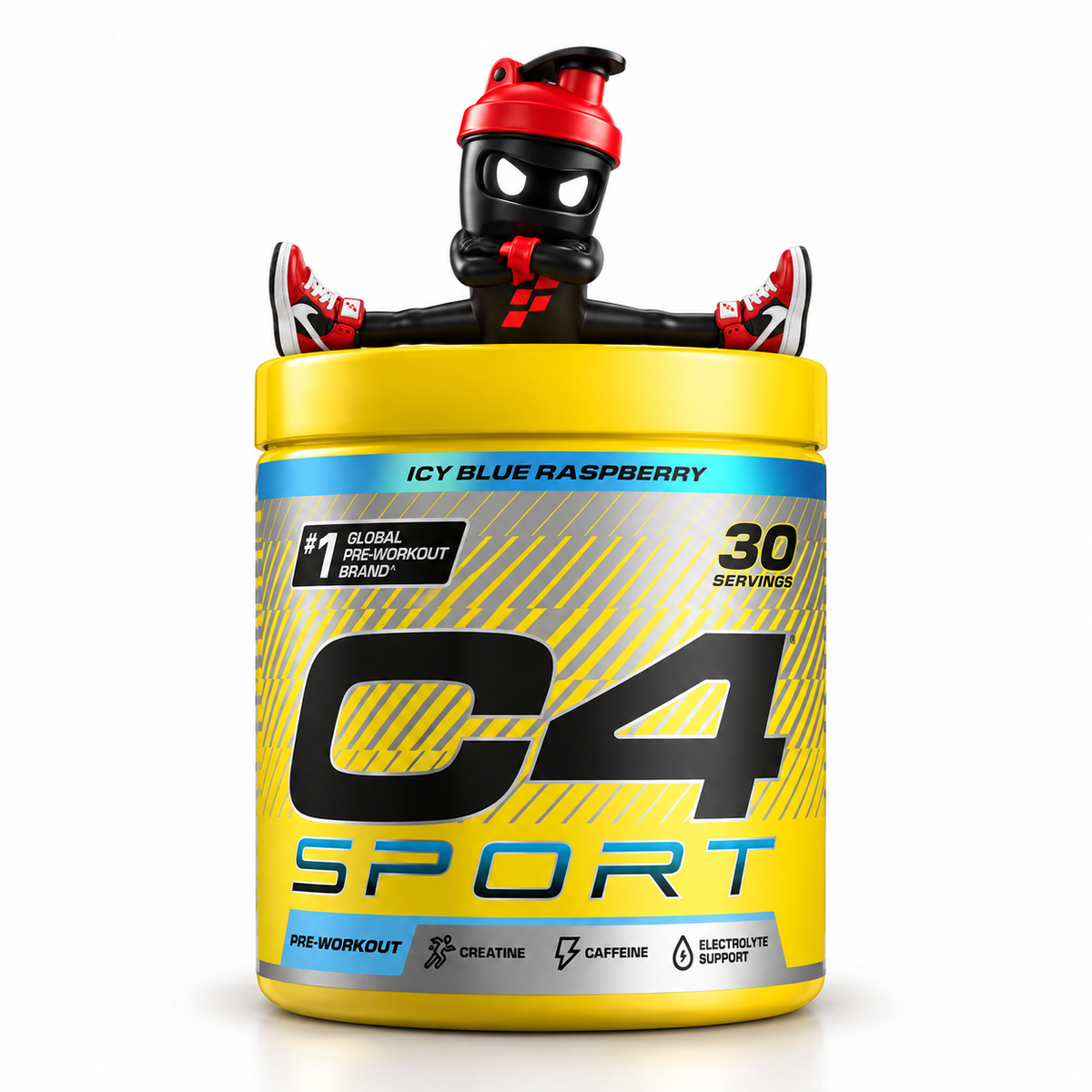 C4 Sport Pre-Workout, Gelbe Dose C4 Sport Icy Blue Raspberry mit Shaker-Maskottchen.