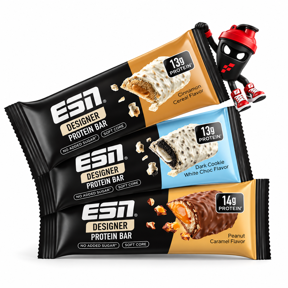 ESN Designer Protein Bar Proteinriegel 45g, Drei verpackte Riegel Cinnamon Cereal, Dark Cookie White Choc und Peanut Caramel mit Shaker-Maskottchen.