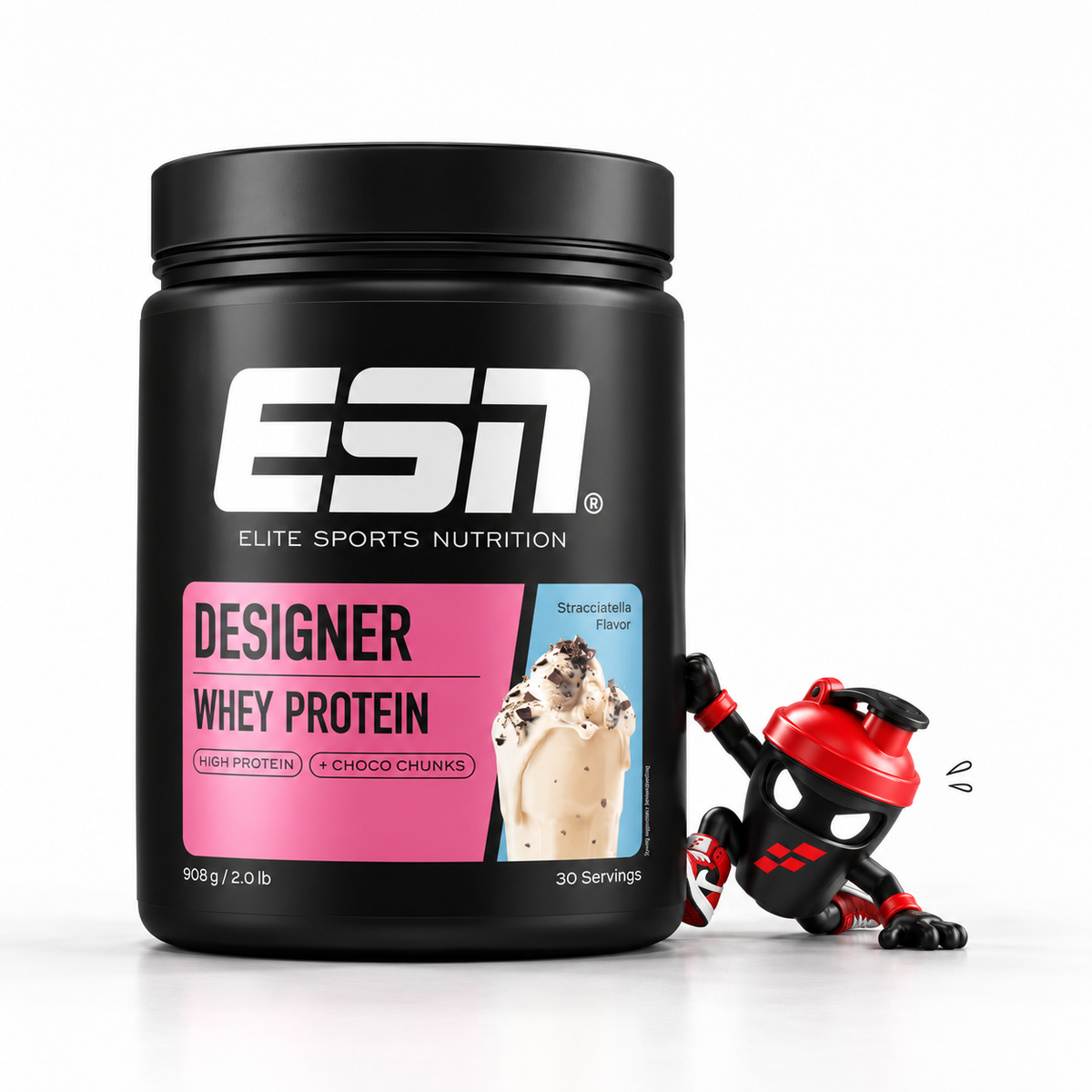 ESN Designer Whey Protein 908g, Schwarze Dose Stracciatella mit Shaker-Maskottchen.