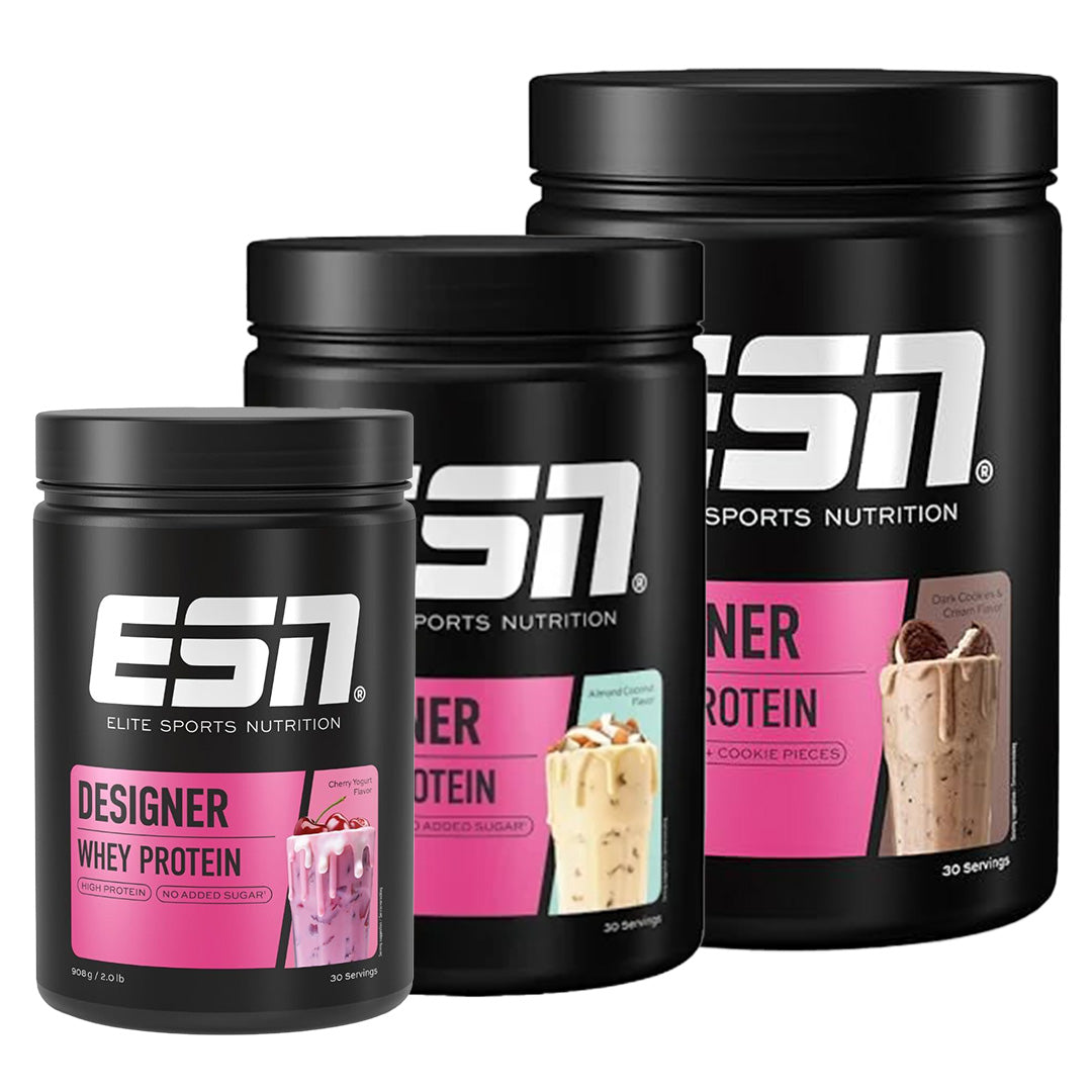 ESN Designer Whey Protein 908g, Drei schwarze Dosen in verschiedenen Geschmacksrichtungen.