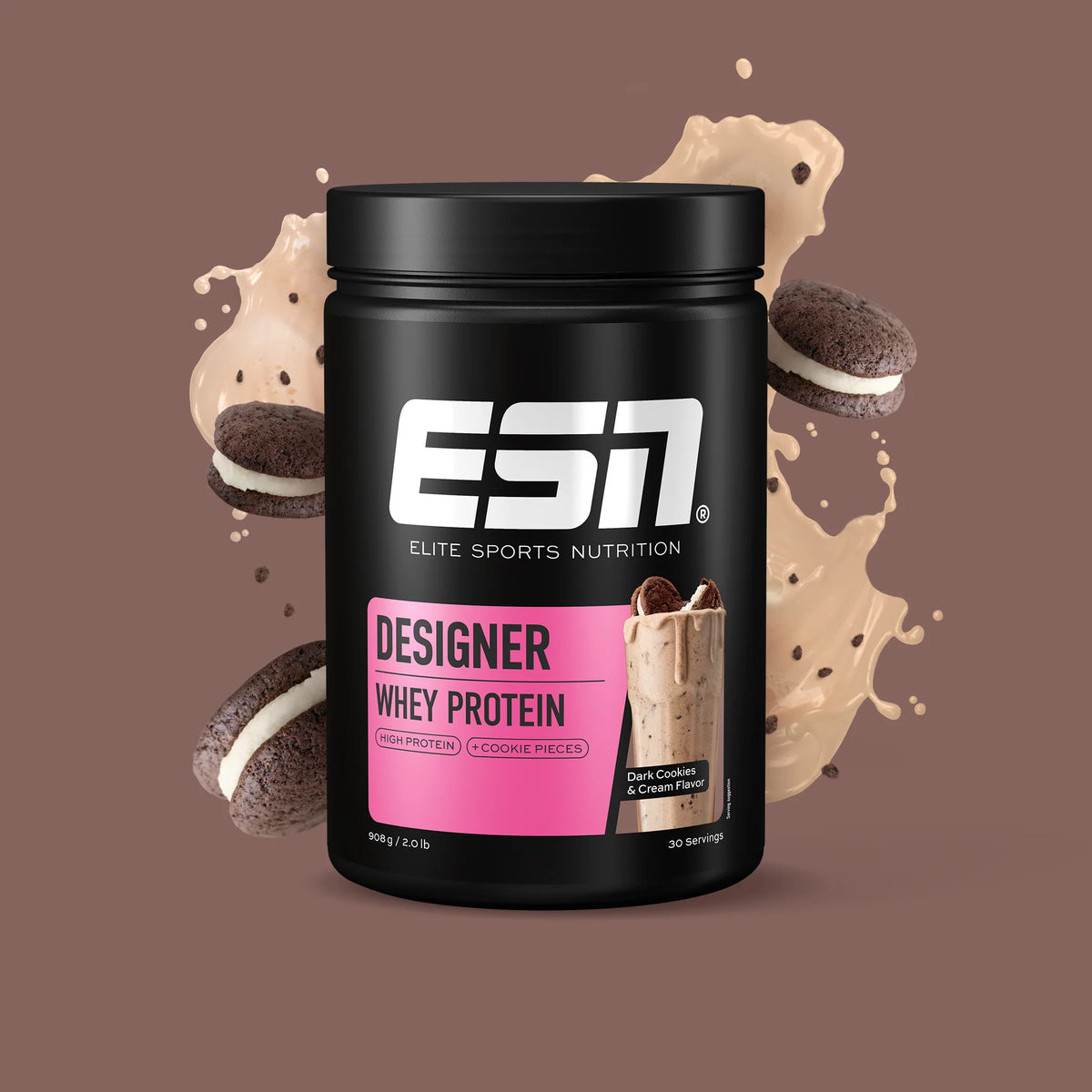 ESN Designer Whey Protein 908g, Dose Dark Cookies & Cream mit Keks- und Shake-Motiven.