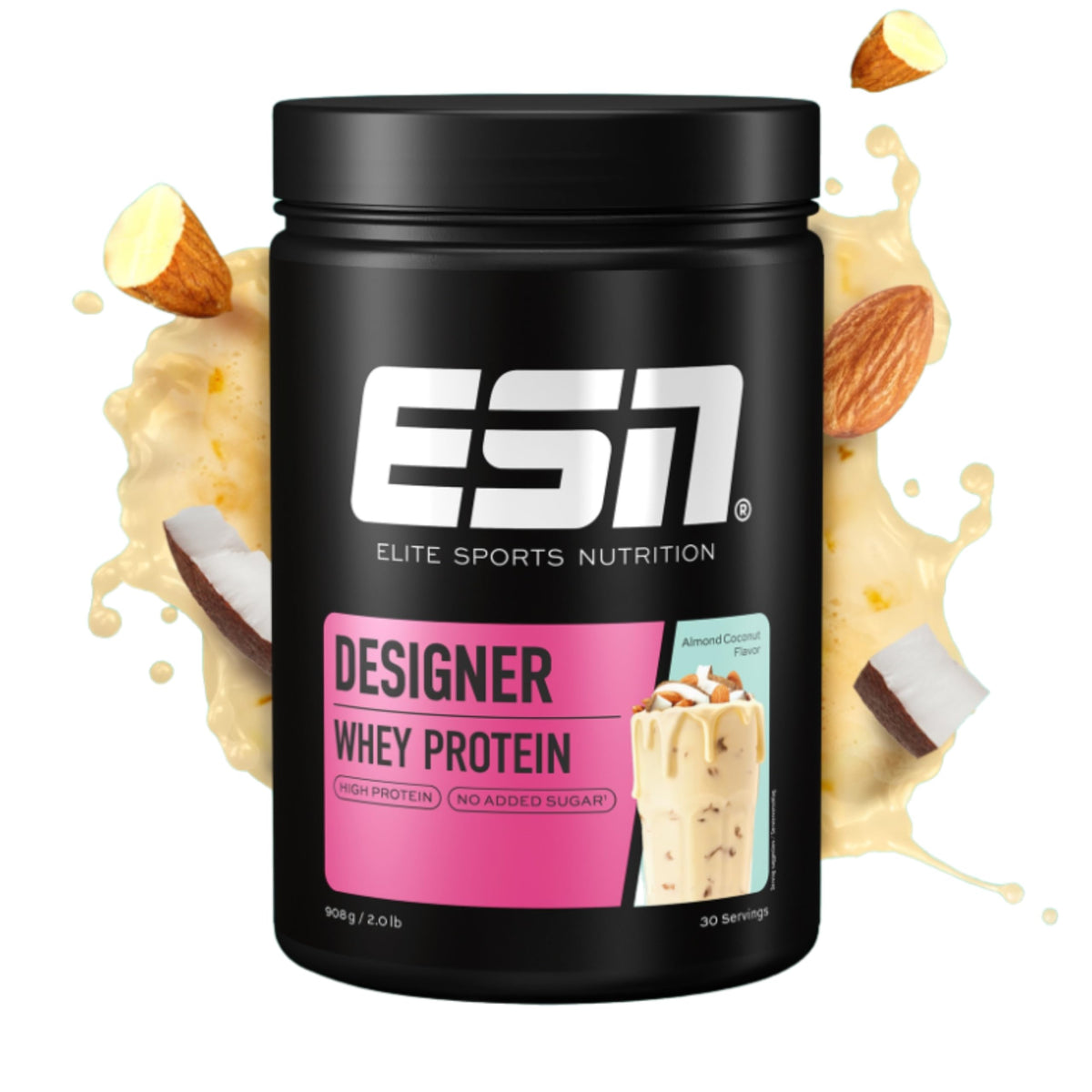 ESN Designer Whey Protein 908g, Dose Almond Coconut mit Mandel- und Kokosmotiven.