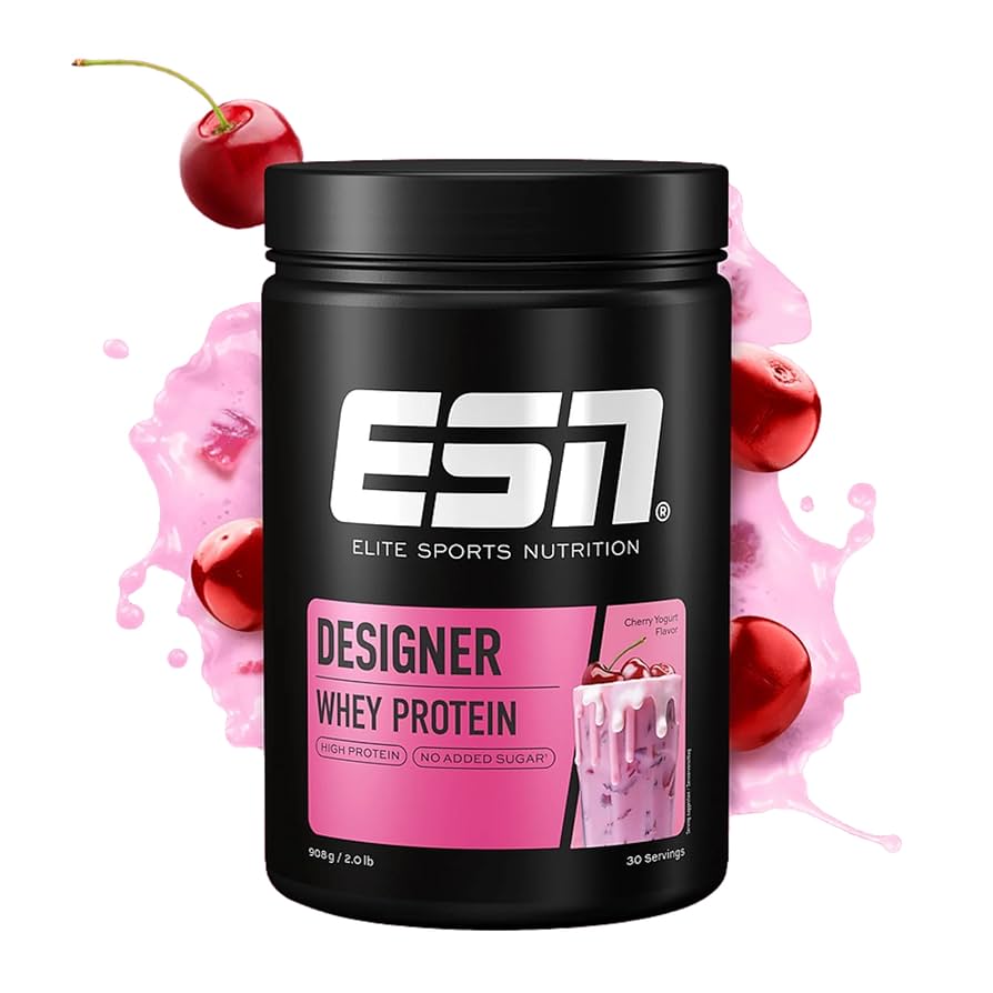 ESN Designer Whey Protein 908g, Dose Cherry Yogurt mit Kirschmotiven und pinkfarbenem Shake.