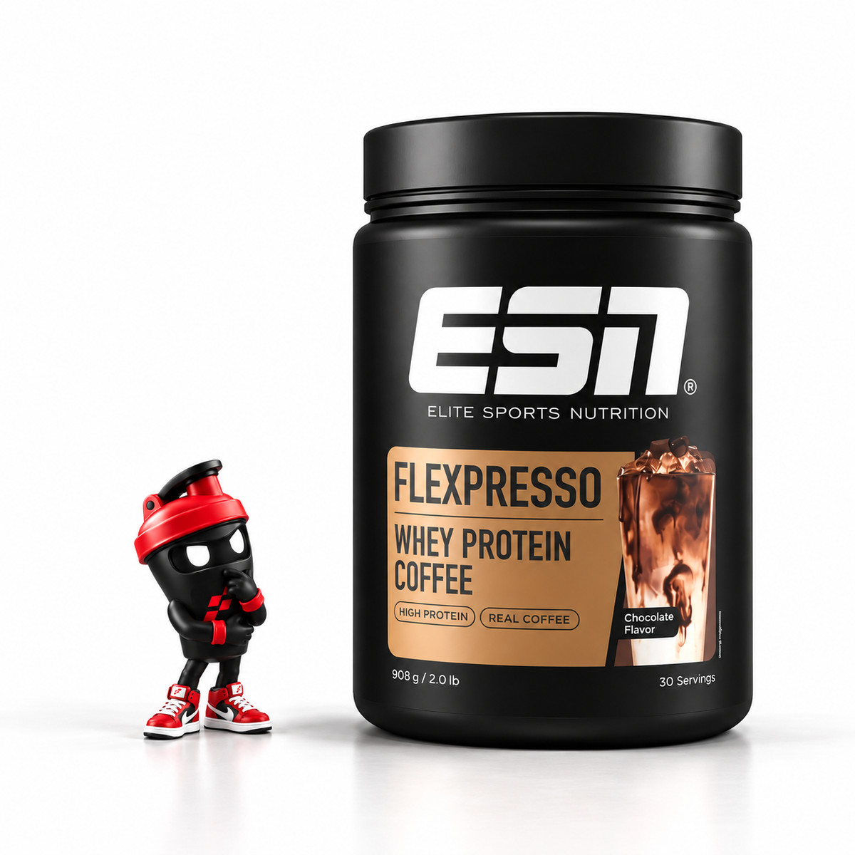 ESN Flexpresso Protein Kaffee 908g, Chocolate, schwarze Dose mit Shaker-Maskottchen.