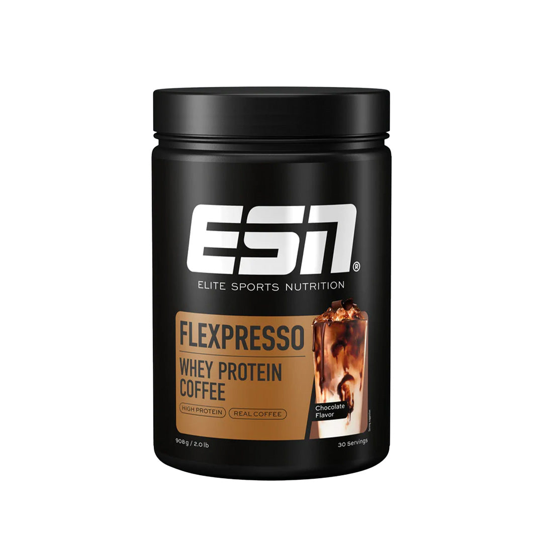 ESN Flexpresso Protein Kaffee 908g, Chocolate, schwarze Dose mit Kaffee-Shake-Motiv.