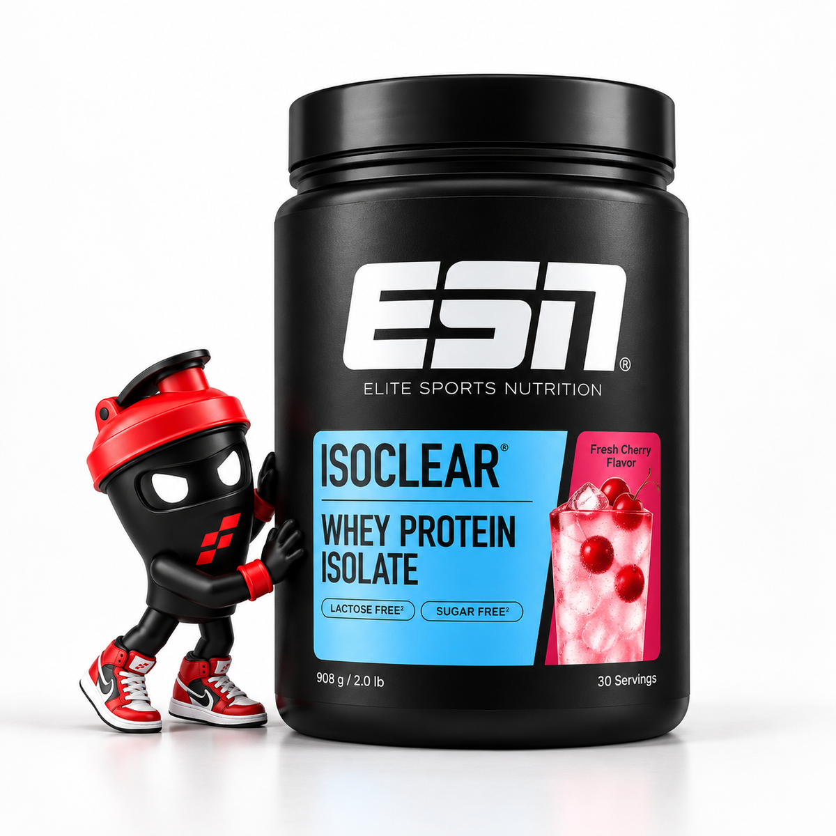 ESN Iso Clear Whey Protein Isolate 908g, Schwarze Fresh-Cherry-Dose mit Shaker-Maskottchen.