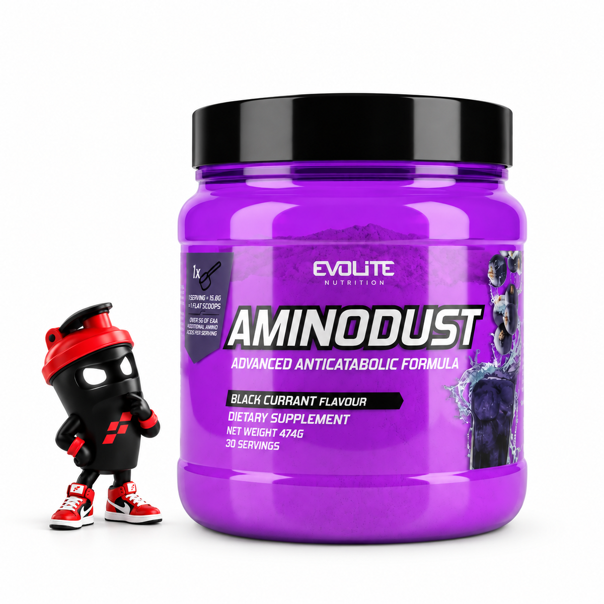 Evolite Nutrition Aminodust 474g, Violette Black-Currant-Dose mit Shaker-Maskottchen.