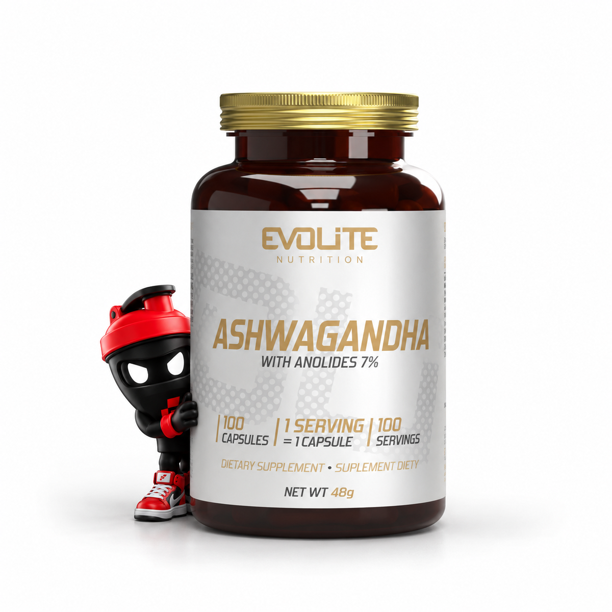 Evolite Nutrition Ashwagandha 100 Vege Caps, Braune Flasche mit goldenem Deckel und Shaker-Maskottchen.