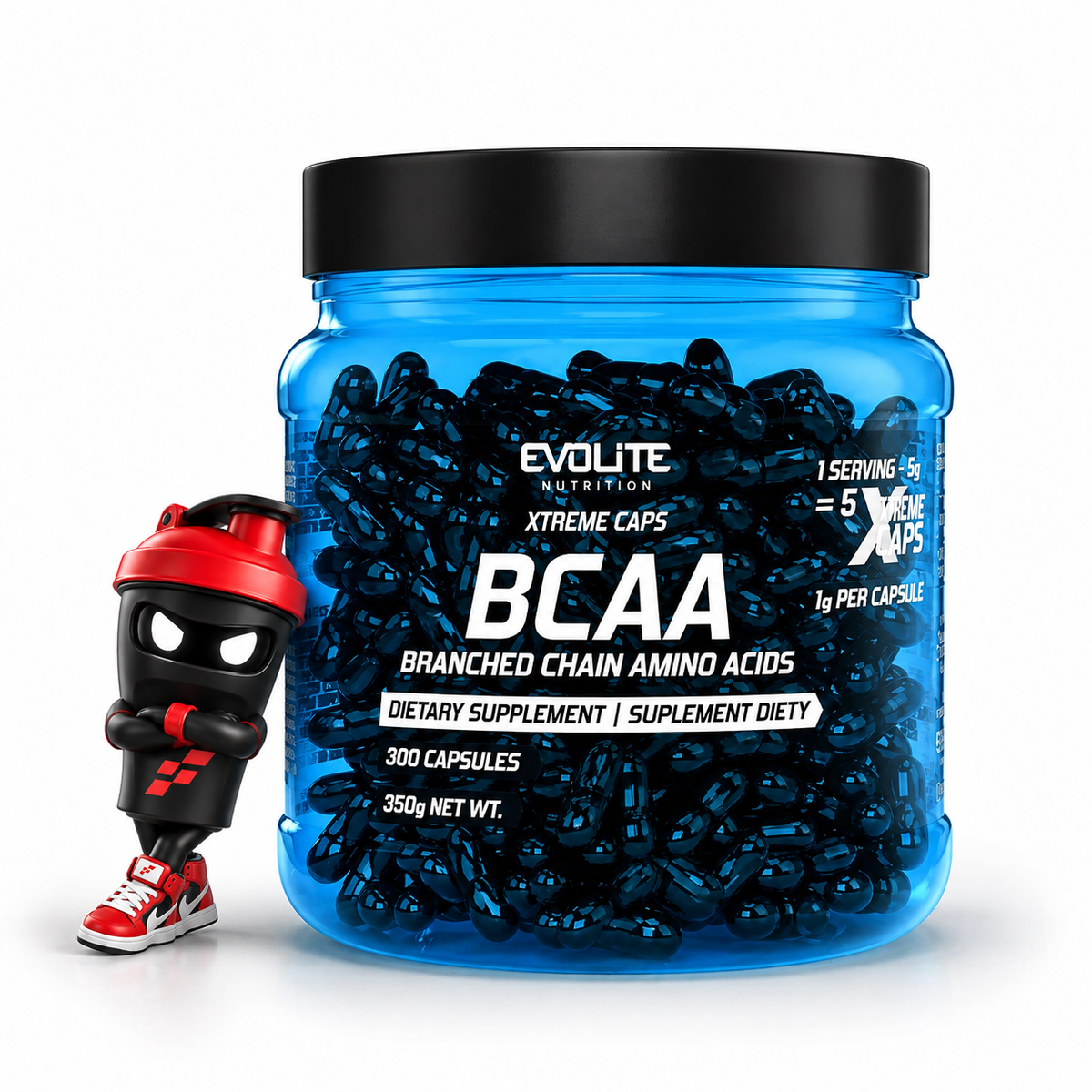 Evolite Nutrition BCAA 2:1:1 Xtreme 300caps, Blaue transparente Kapseldose mit Shaker-Maskottchen.