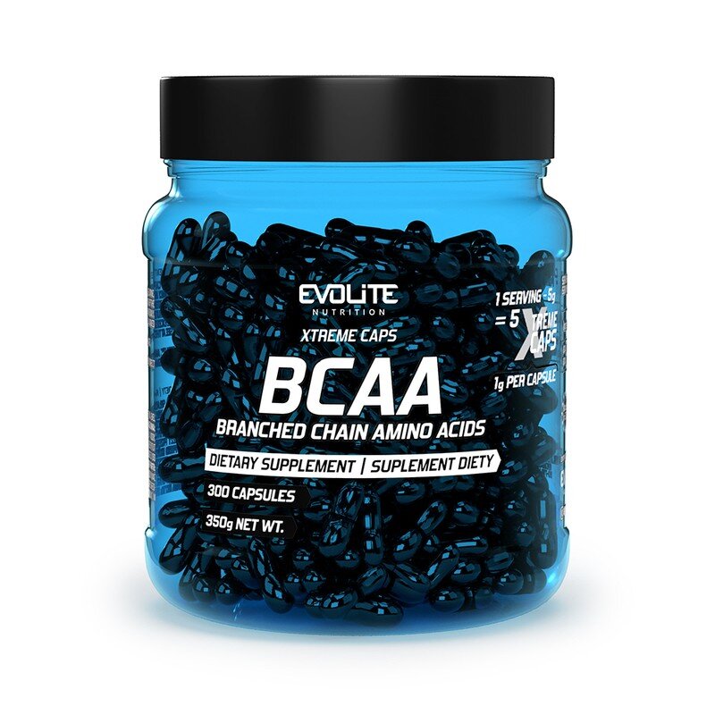 Evolite Nutrition BCAA 2:1:1 Xtreme 300caps, Blaue transparente Kapseldose, Vorderansicht.