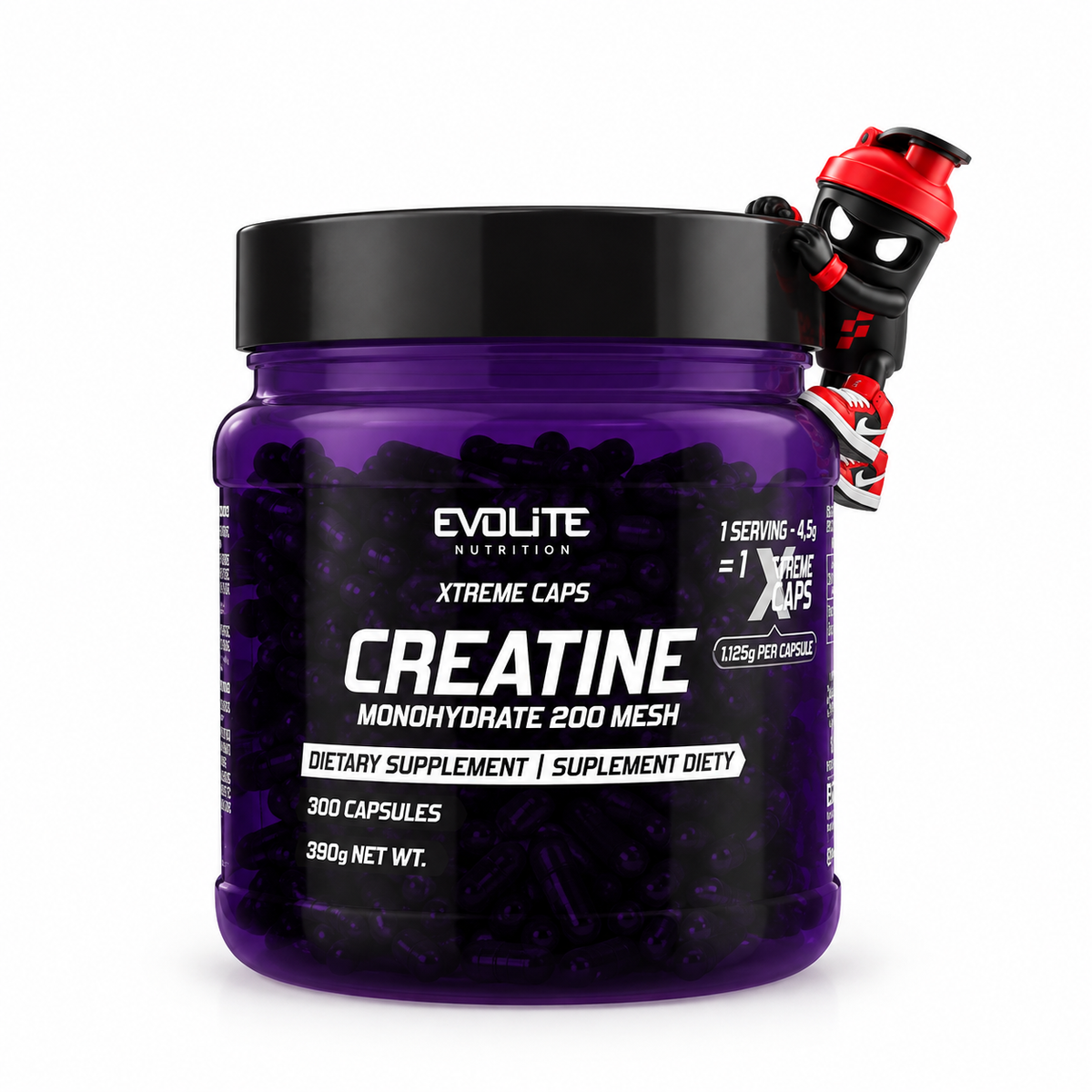 Evolite Nutrition Creatine Monohydrate Xtreme Caps 300 Kapseln, Violette transparente Kapseldose mit Shaker-Maskottchen.