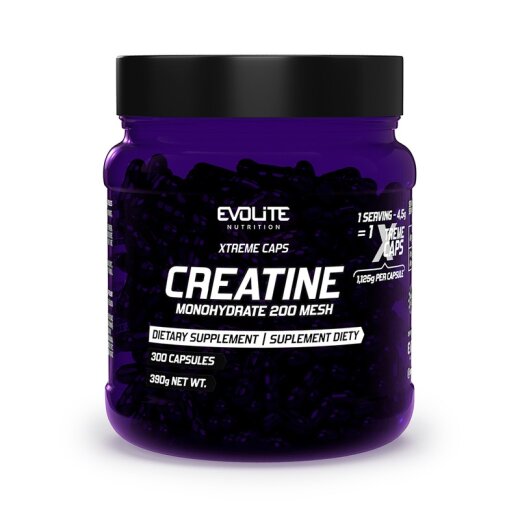 Evolite Nutrition Creatine Monohydrate Xtreme Caps 300 Kapseln, Violette transparente Kapseldose, Vorderansicht.