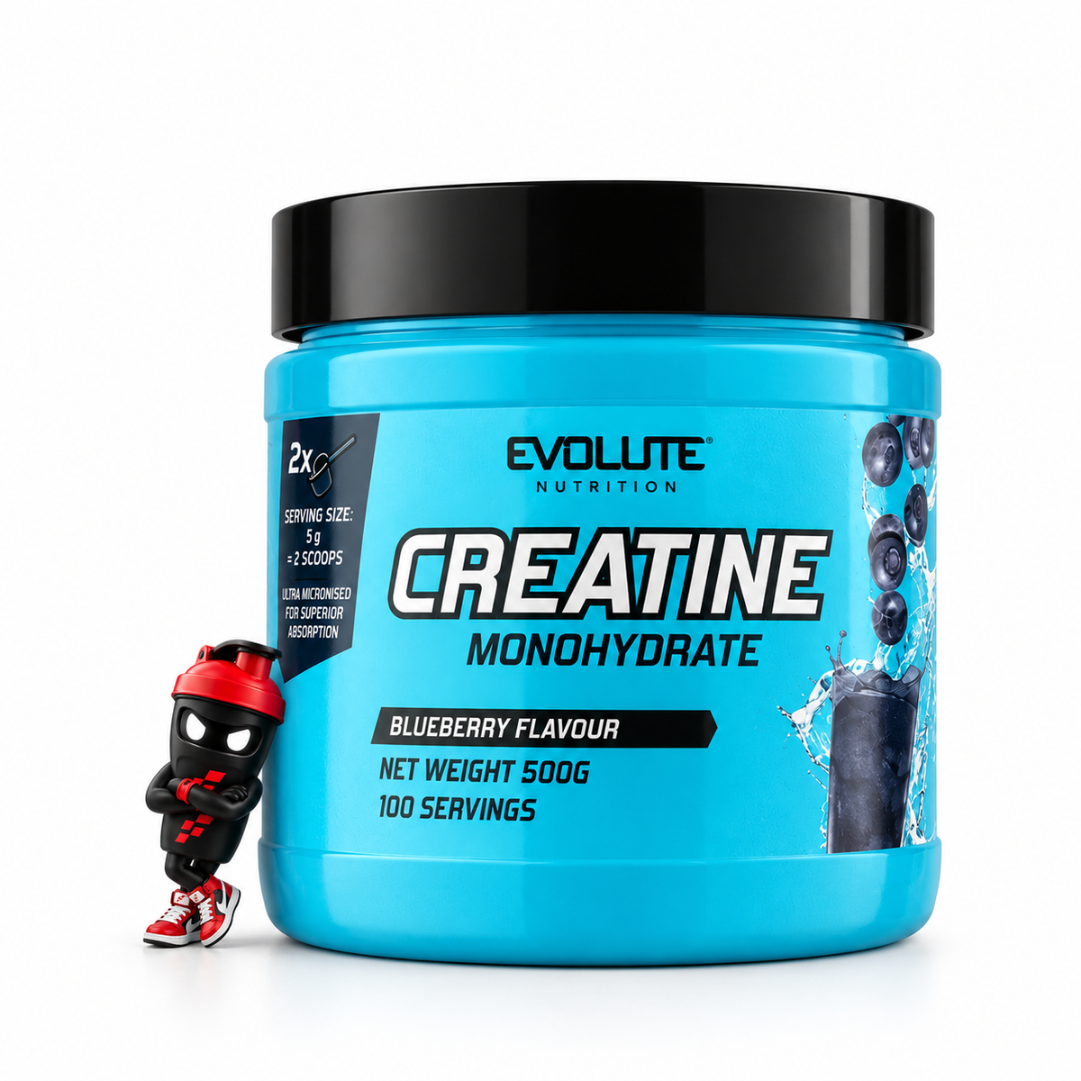 Evolite Nutrition Creatine Monohydrate 500g Blueberry in türkisfarbener Dose mit Shaker-Maskottchen.