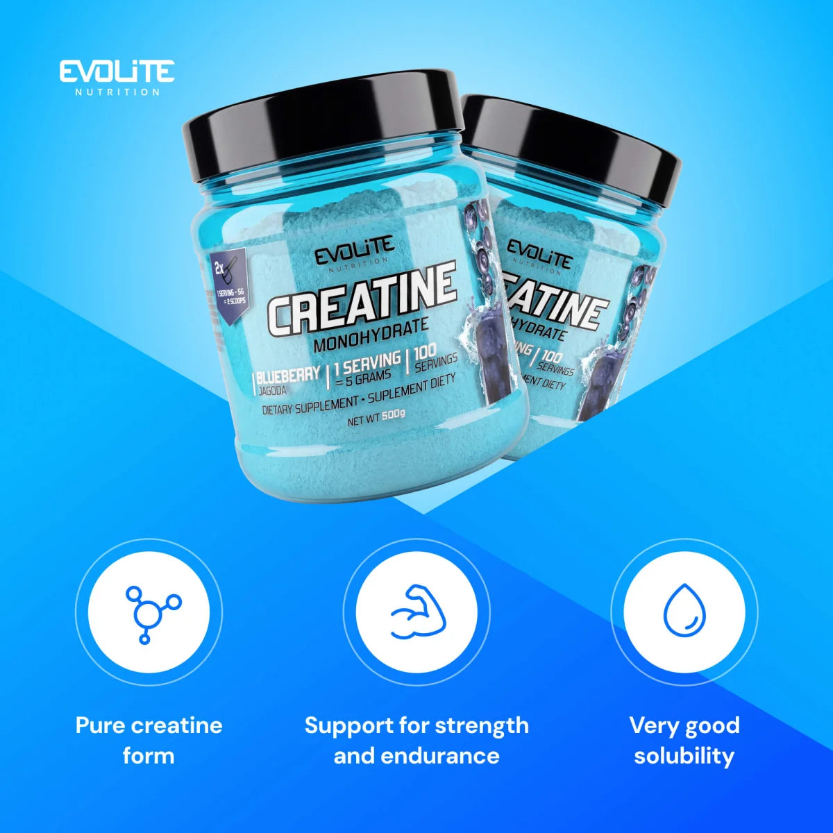 Evolite Creatine Monohydrate Blueberry, zwei Dosen mit englischen Produktinformationen auf blauem Hintergrund.