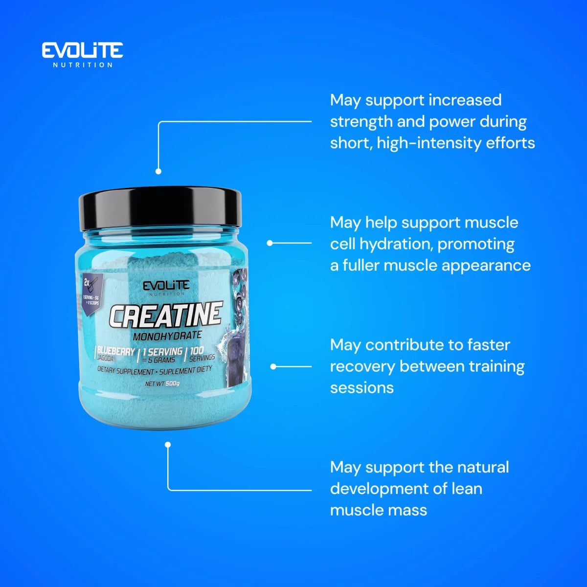 Evolite Creatine Monohydrate Blueberry, Dose mit englischen Texten zu beworbenen Eigenschaften.