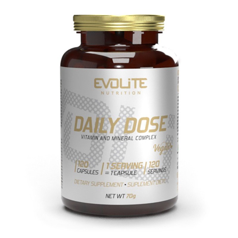 Evolite Nutrition Daily Dose 120 Vege Caps, Braune Flasche mit goldenem Deckel, Vorderansicht.