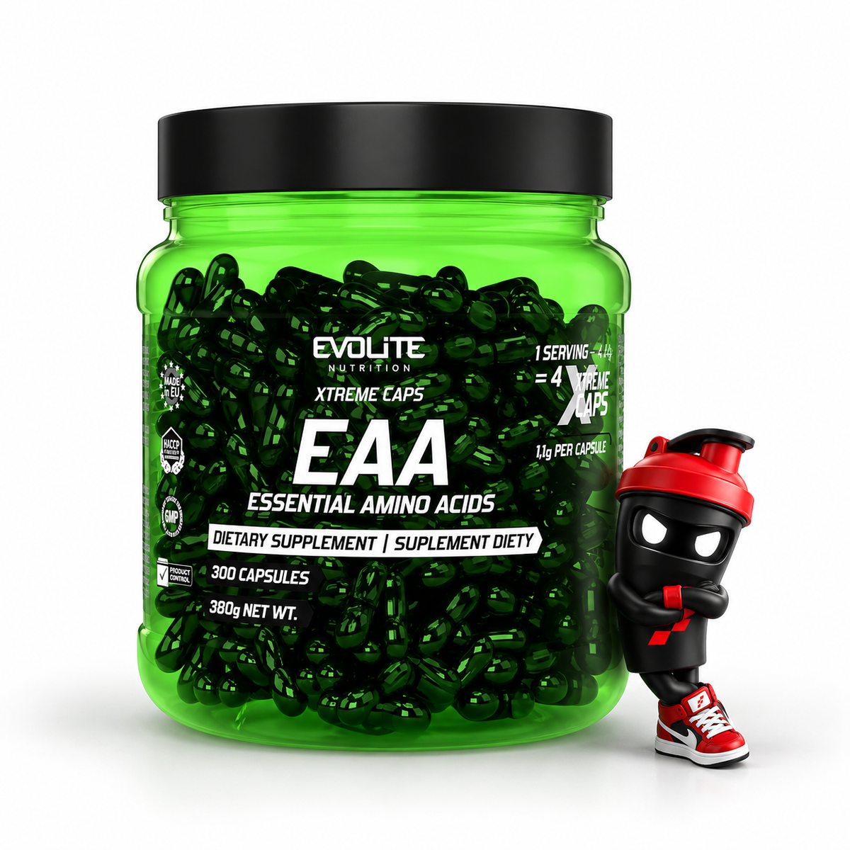 Evolite Nutrition EAA Xtreme 300caps, Grüne transparente Kapseldose mit Shaker-Maskottchen.