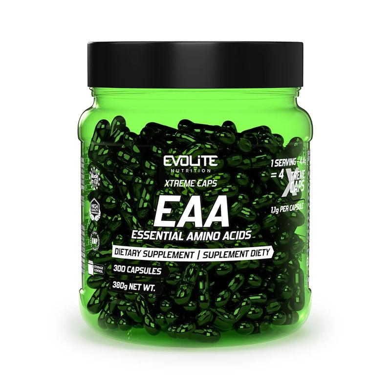 Evolite Nutrition EAA Xtreme 300caps, Grüne transparente Kapseldose, Vorderansicht.