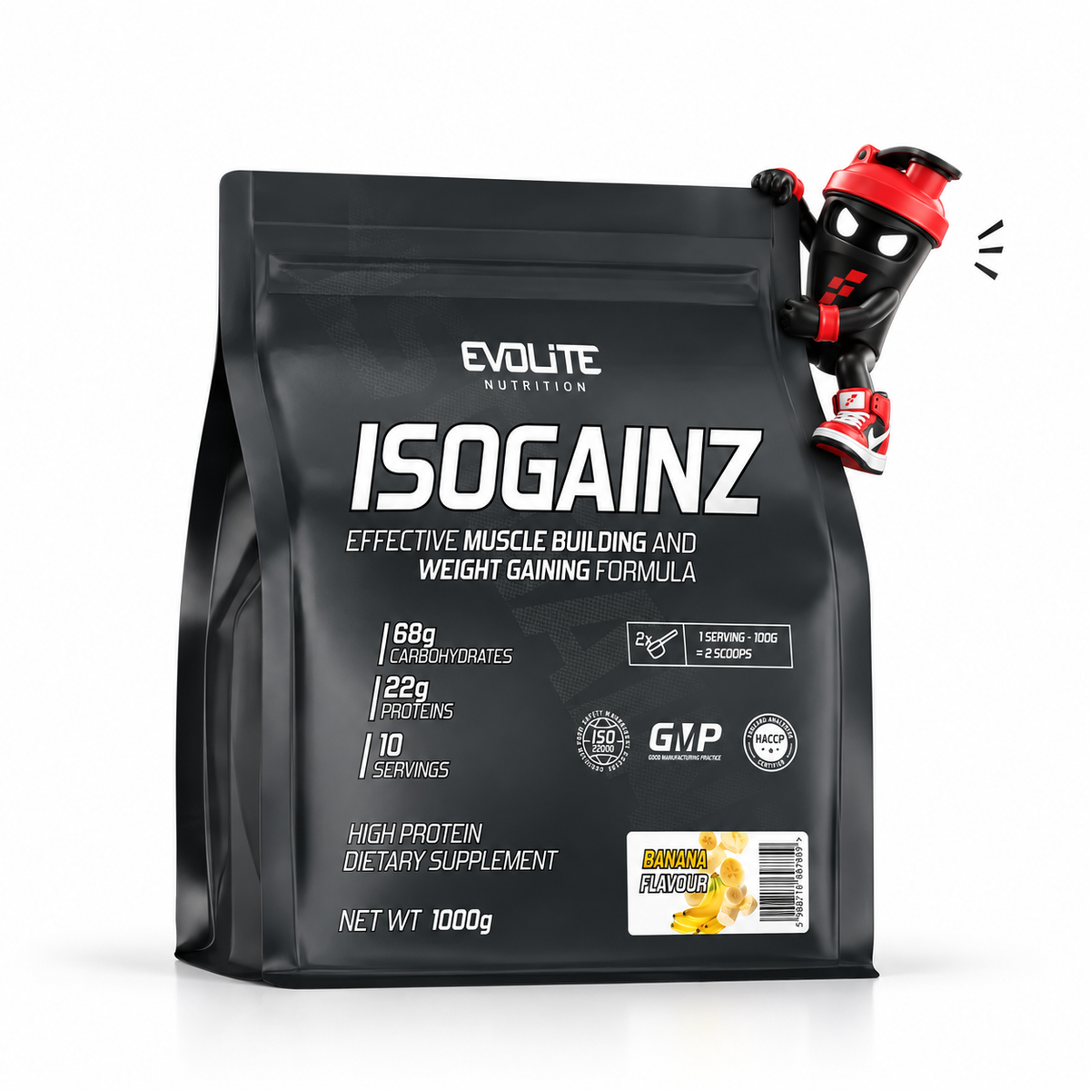 Evolite Nutrition Iso Gainz 1kg, Schwarzer Gainer-Beutel Banana mit Shaker-Maskottchen.