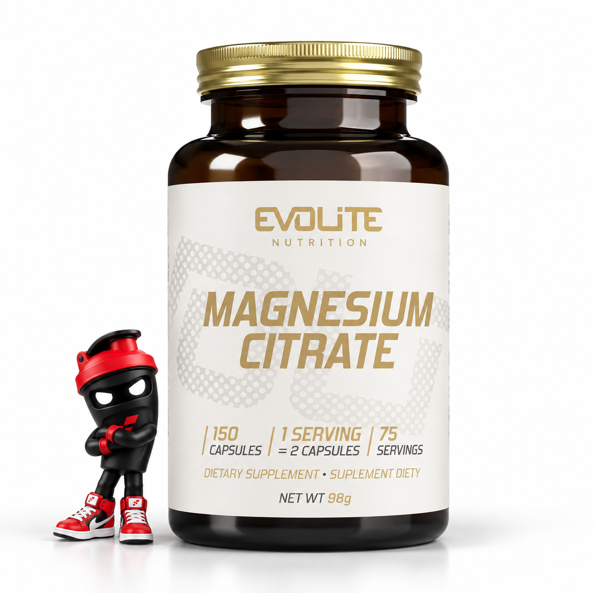 Evolite Nutrition Magnesium Citrate 550mg 150 Vege Caps, Braune Flasche mit goldenem Deckel und Shaker-Maskottchen.