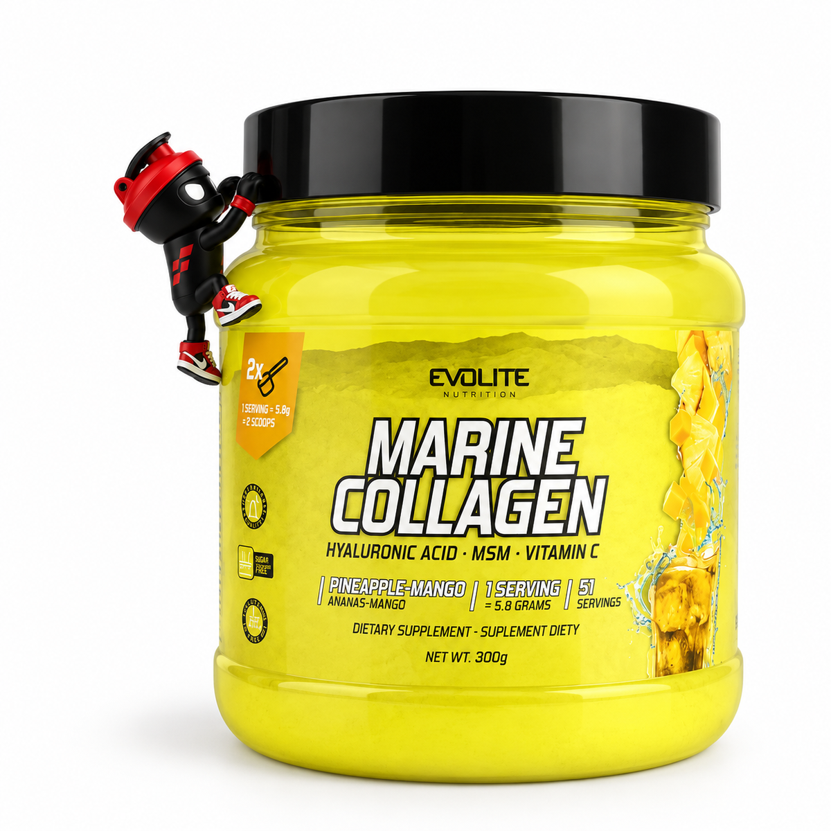 Evolite Nutrition Marine Collagen 300g, Gelbe Pineapple-Mango-Dose mit Shaker-Maskottchen.