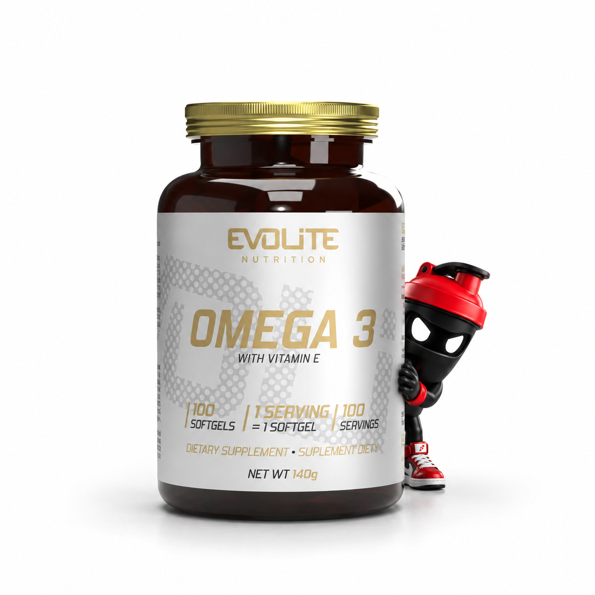Evolite Nutrition Omega 3 - 100caps, Braune Flasche mit goldenem Deckel und Shaker-Maskottchen.