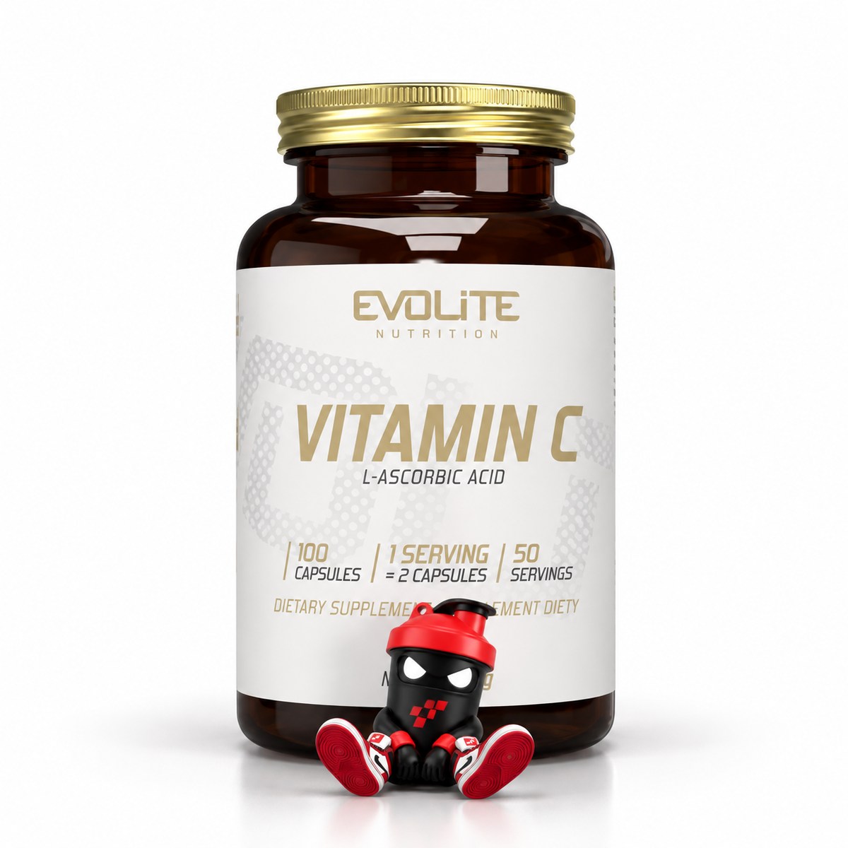 Evolite Nutrition Vitamin C 500mg, Braune Vitamin-C-Flasche mit goldenem Deckel und Shaker-Maskottchen.