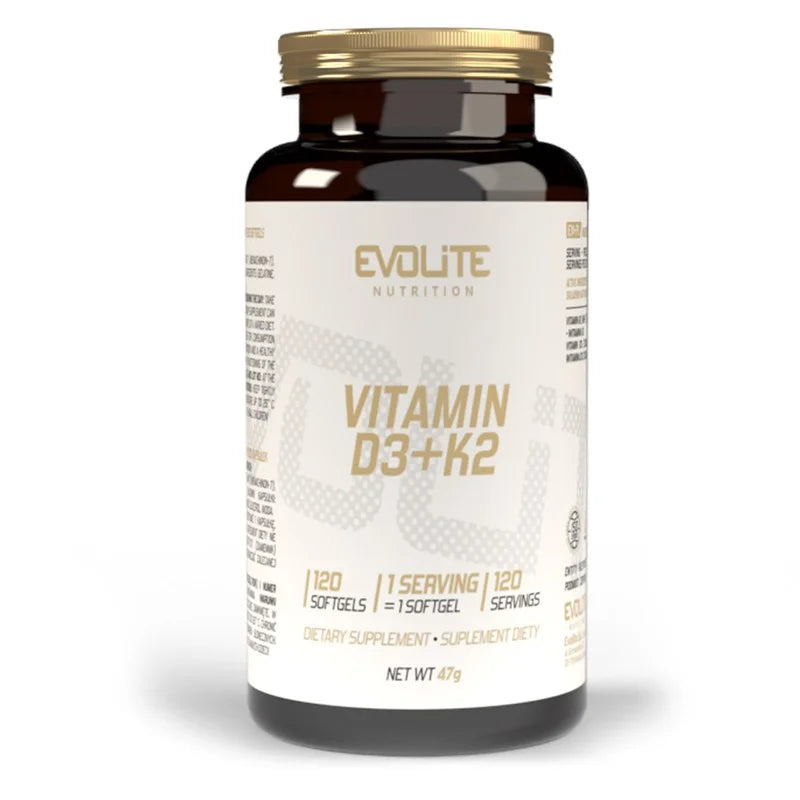 Evolite Nutrition Vitamin D3+K2 120 Caps, Braune Flasche mit weißem Etikett, Vorderansicht.