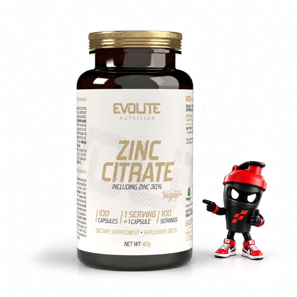 Evolite Nutrition Zinc Citrate 100 Vege Caps, Braune Flasche mit goldenem Deckel und Shaker-Maskottchen.