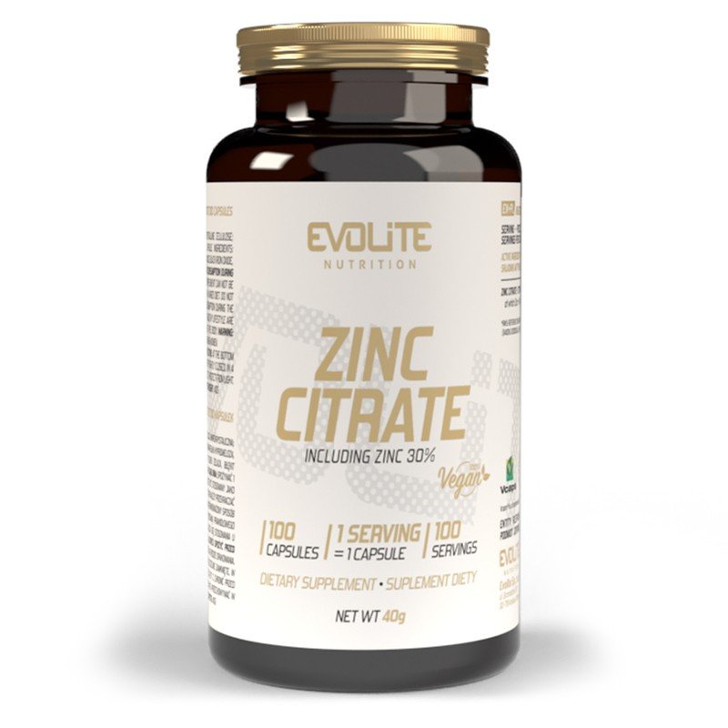 Evolite Nutrition Zinc Citrate 100 Vege Caps, Braune Flasche mit weißem Etikett, Vorderansicht.