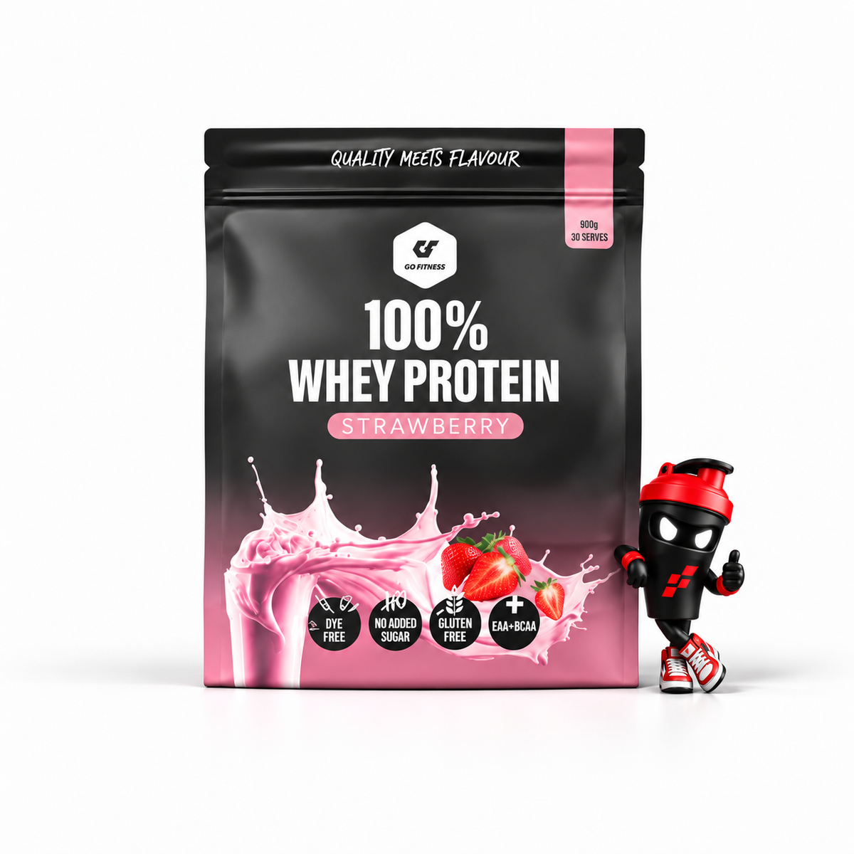 Gofitness Nutrition 100% Whey Protein 900g, Schwarz-pinker Strawberry-Beutel mit Shaker-Maskottchen.