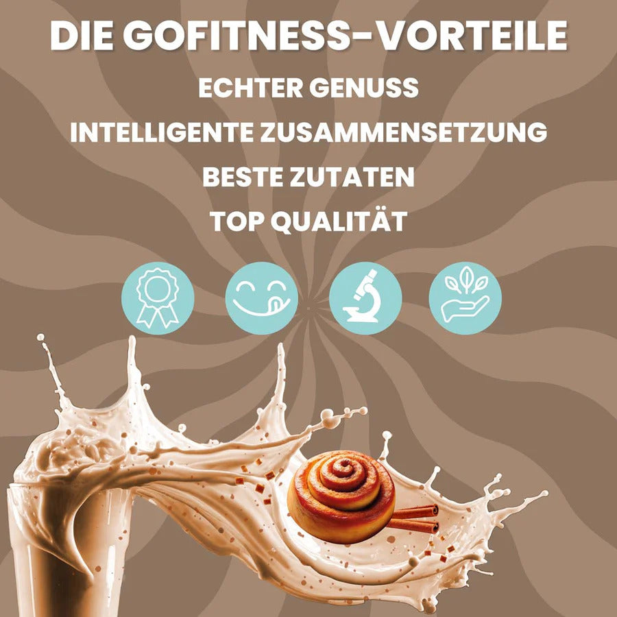 Gofitness Nutrition 100% Whey Protein 900g, Infografik mit Zimtschneckenmotiv und Aussagen zur Produktqualität.