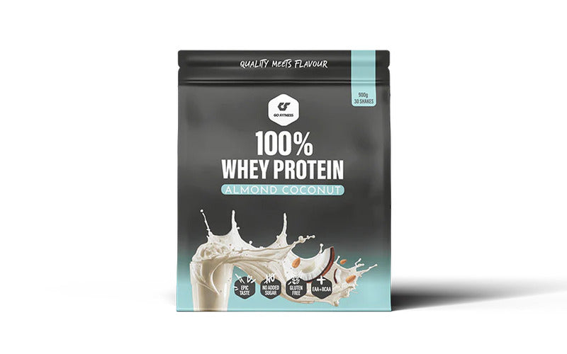 Gofitness Nutrition 100% Whey Protein 900g, Schwarz-türkiser Beutel Almond Coconut.