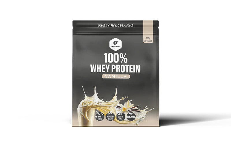 Gofitness Nutrition 100% Whey Protein 900g, Schwarz-cremefarbener Beutel Vanilla.