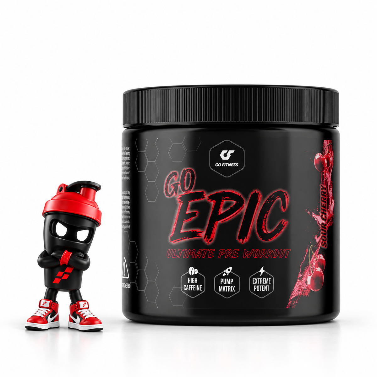 GoFitness Nutrition BOOSTER GO EPIC 260g, Schwarze Dose Sour Cherry mit Shaker-Maskottchen.