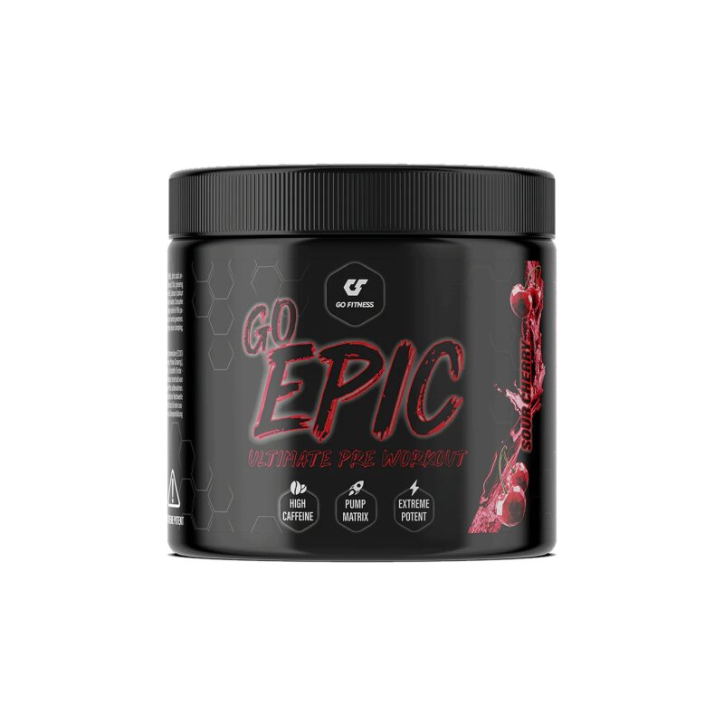 GoFitness Nutrition BOOSTER GO EPIC 260g, Schwarze Dose Sour Cherry, Vorderansicht.