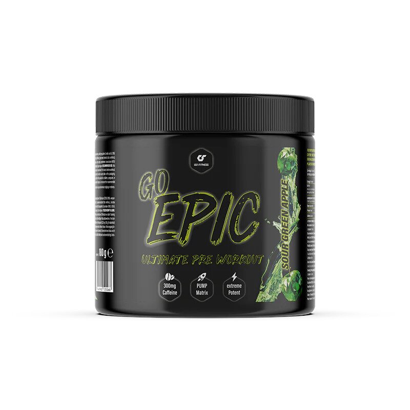 GoFitness Nutrition BOOSTER GO EPIC 260g, Schwarze Dose Sour Green Apple, Vorderansicht.